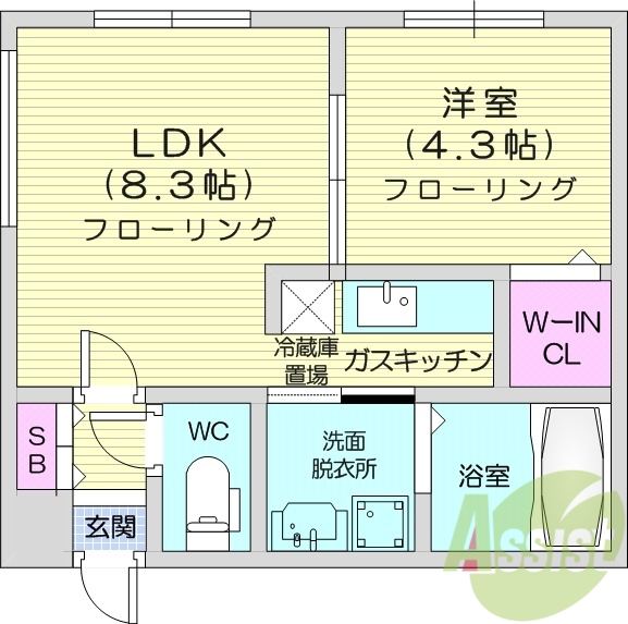 1LDK、シャンプードレッサー、灯油暖房、ガス給湯