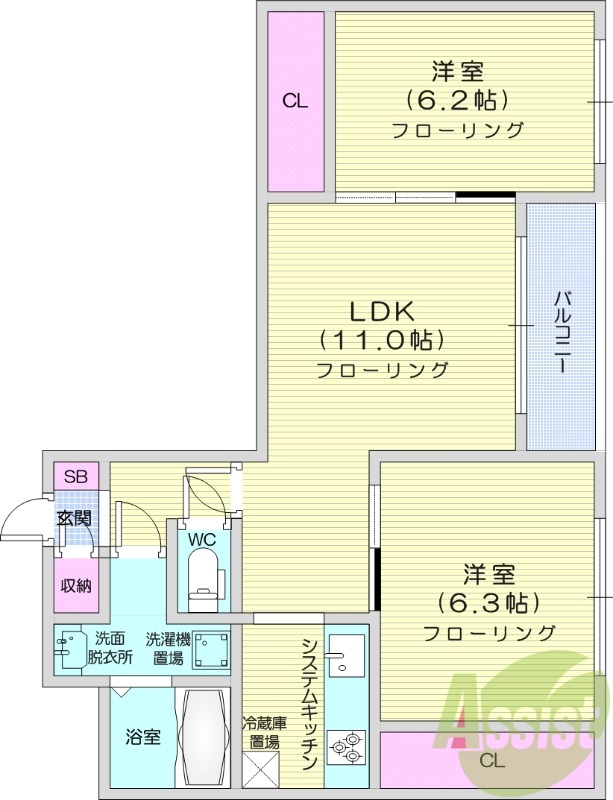 2LDK、独立洗面台、システムキッチン、灯油暖房