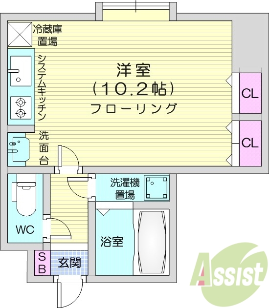 1R、都市ガス、独立洗面台、システムキッチン