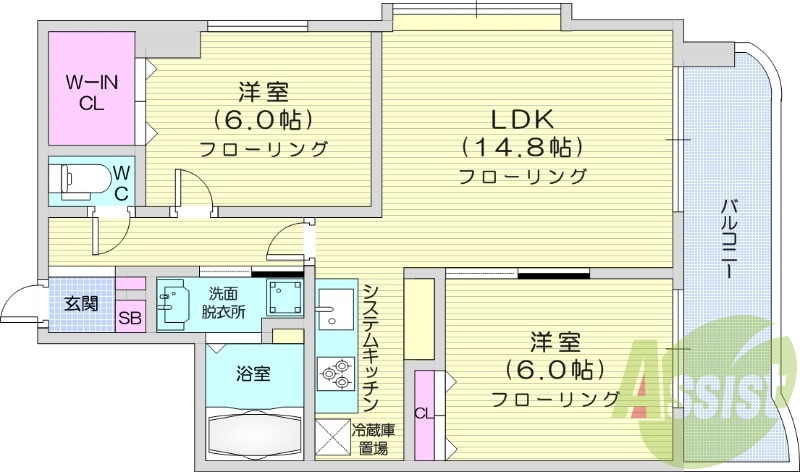 2LDK、エアコン、システムキッチン、独立洗面台、独立洗面台