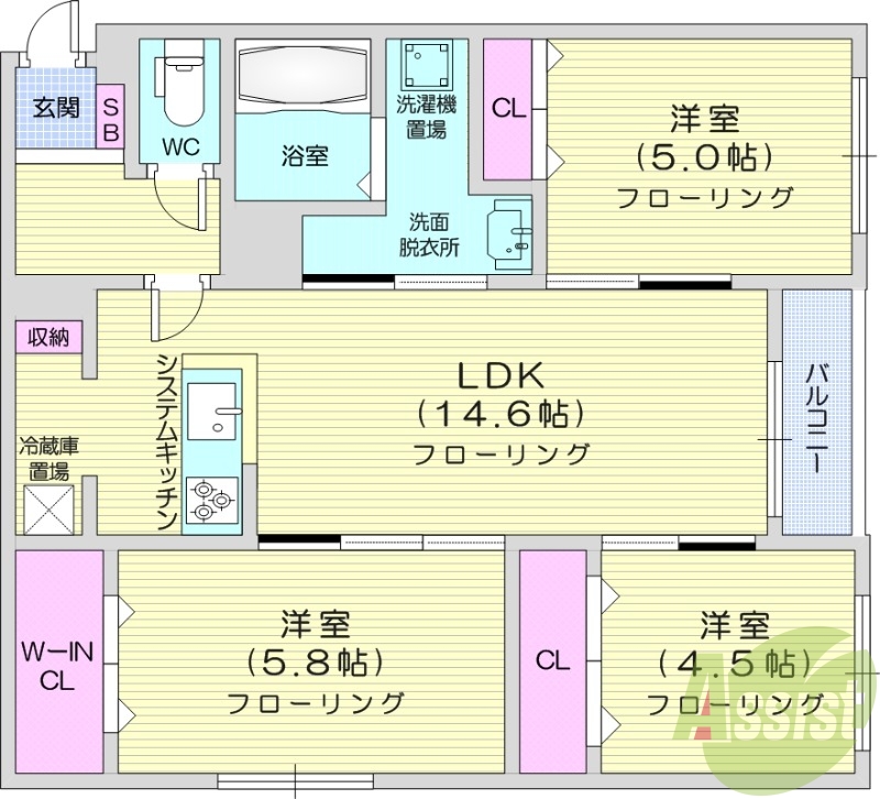 3LDK、エアコン、都市ガス、宅配ボックス、ネット無料