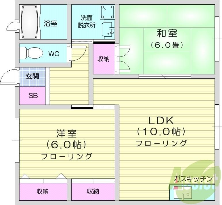 2LDK、無料駐車場、独立洗面台、室内洗濯機置場