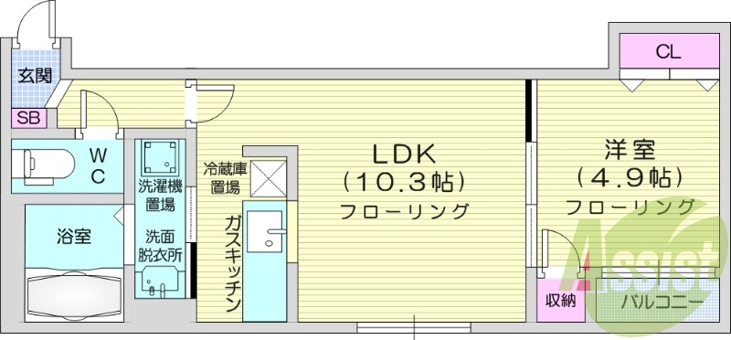 1LDK、バストイレ別、独立洗面台、テレビモニターホン