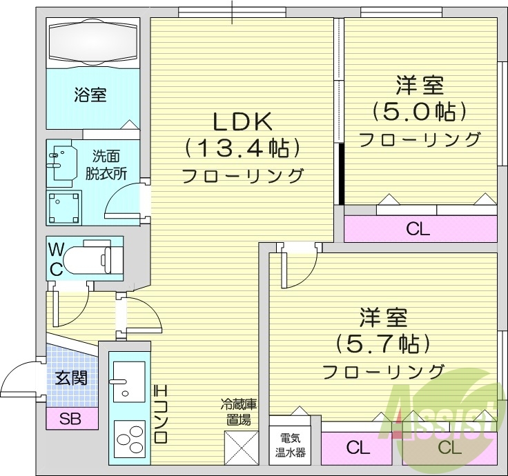 2LDK、オール電化、角部屋、ネット無料、トランクルーム