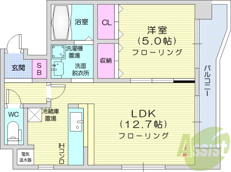 1LDK、バストイレ別、オートロック、暖房