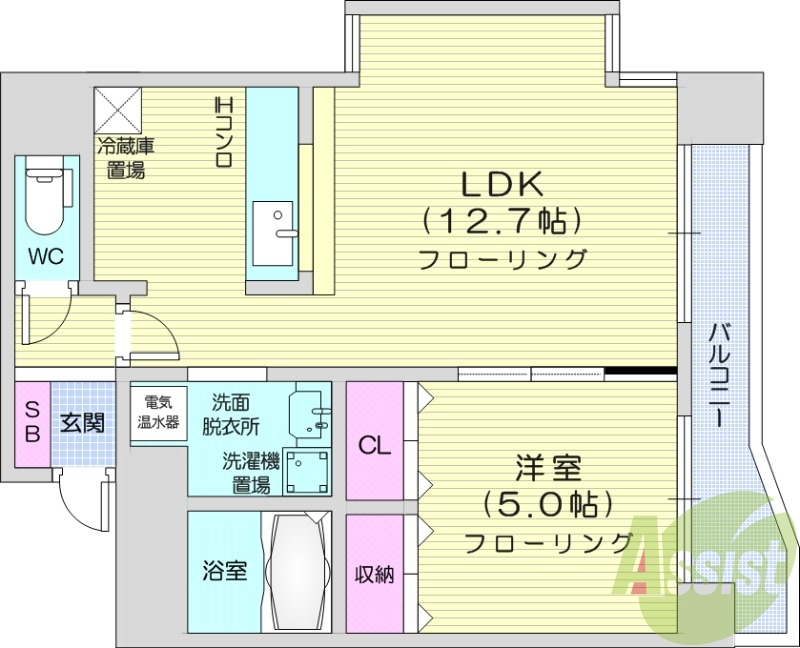 1LDK、バストイレ別、オートロック、暖房