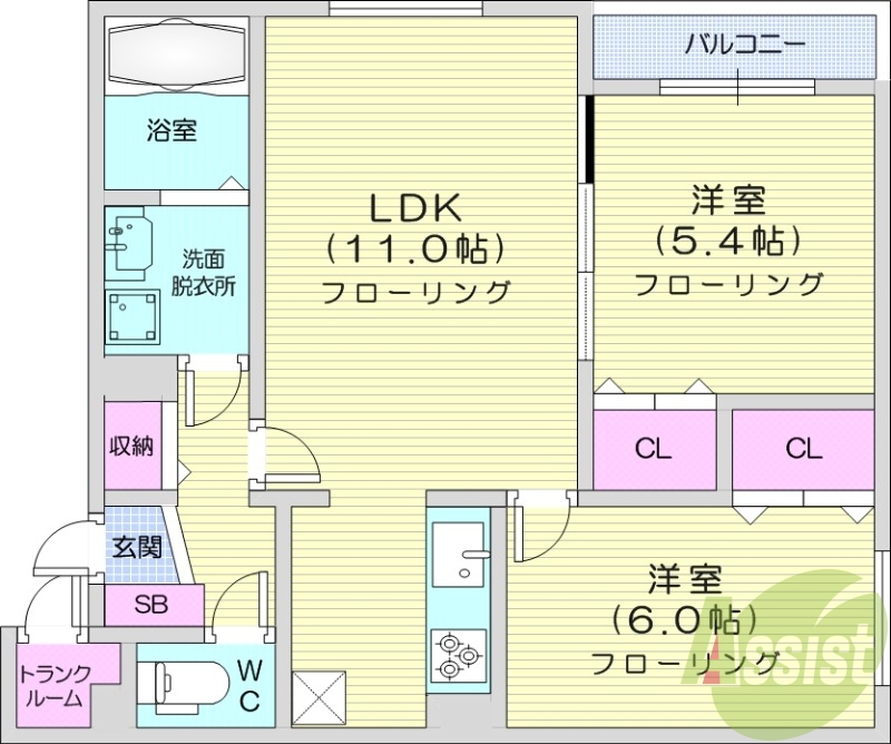 2LDK、浴室乾燥、追い焚き、システムキッチン、オートロック