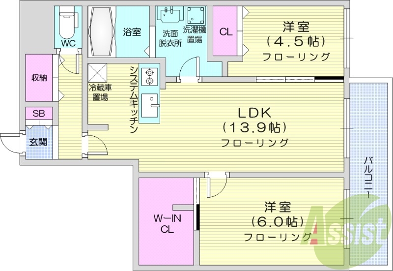 2LDK、エアコン、都市ガス、エレベーター