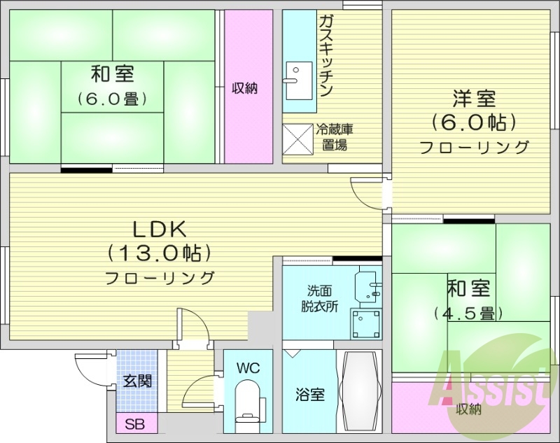 3LDK、灯油暖房、トランクルーム、独立洗面台、駐車造2台