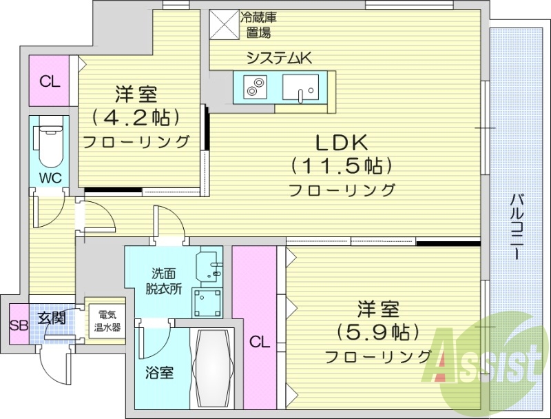 2LDK、バストイレ別、バルコニー、クローゼット、オール電化