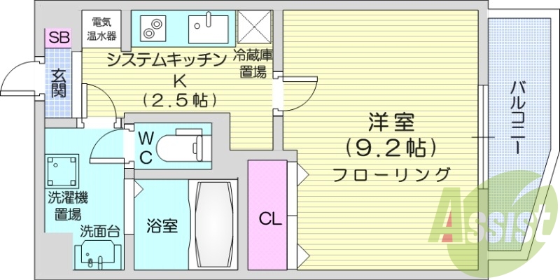 1K、エアコン、電気コンロ、シャワートイレ、オール電化
