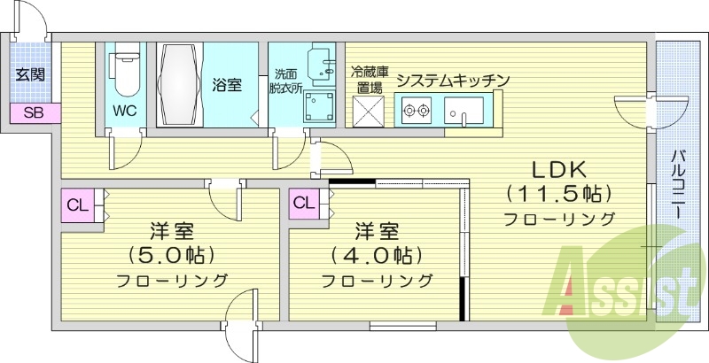 2LDK、エアコン、独立洗面台、システムキッチン、