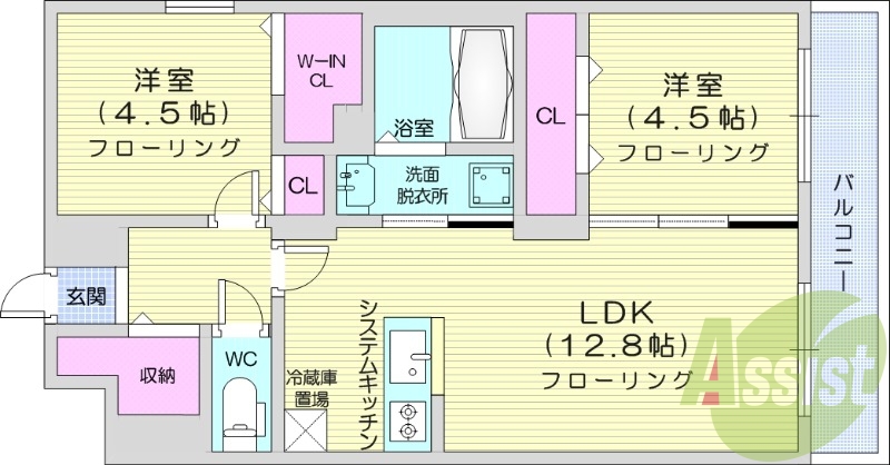 2LDK、エアコン、ネット無料、システムキッチン