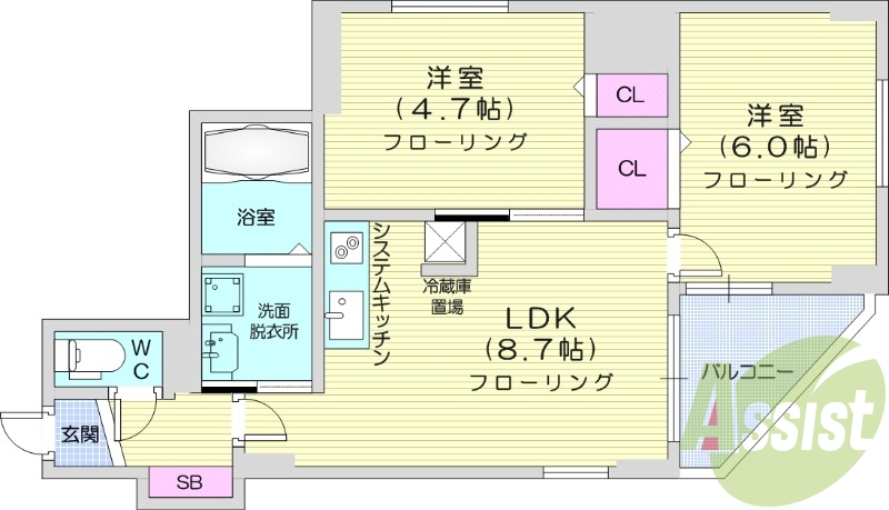2LDK、エアコン、オートロック、システムキッチン
