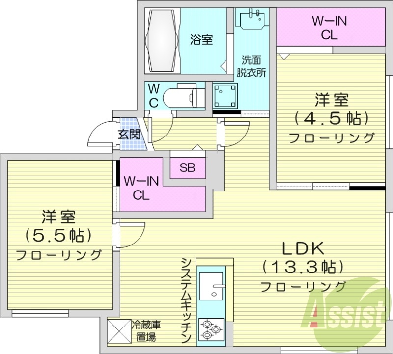 2LDK、エアコン、都市ガス、ペット飼育可能