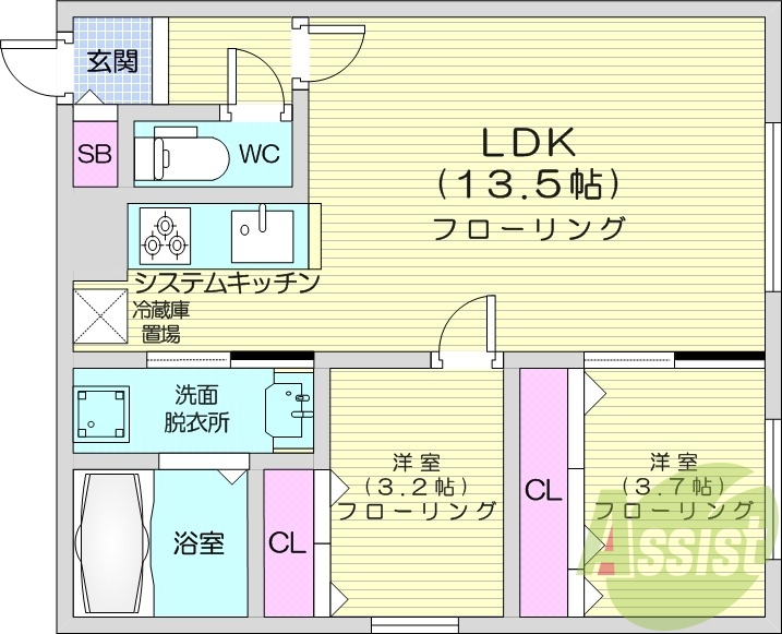 2LDK、エアコン、システムキッチン、ネット無料