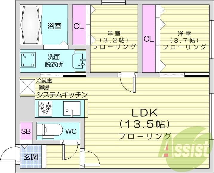 2LDK、エアコン、システムキッチン、ネット無料