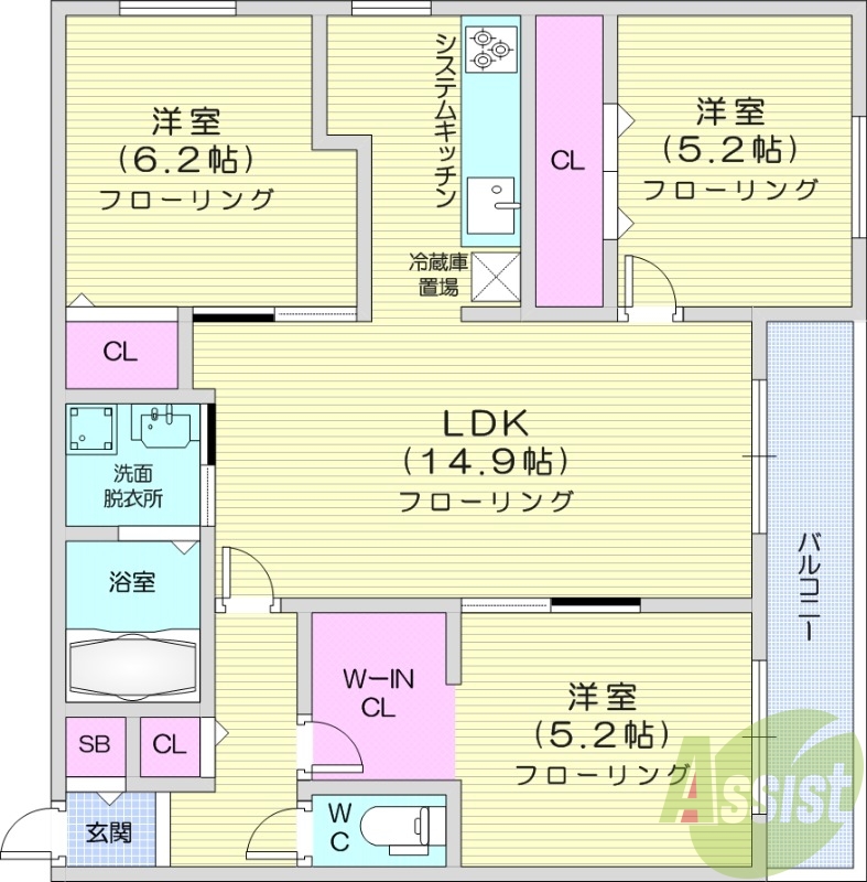 3LDK、エアコン、ネット無料、追い焚き