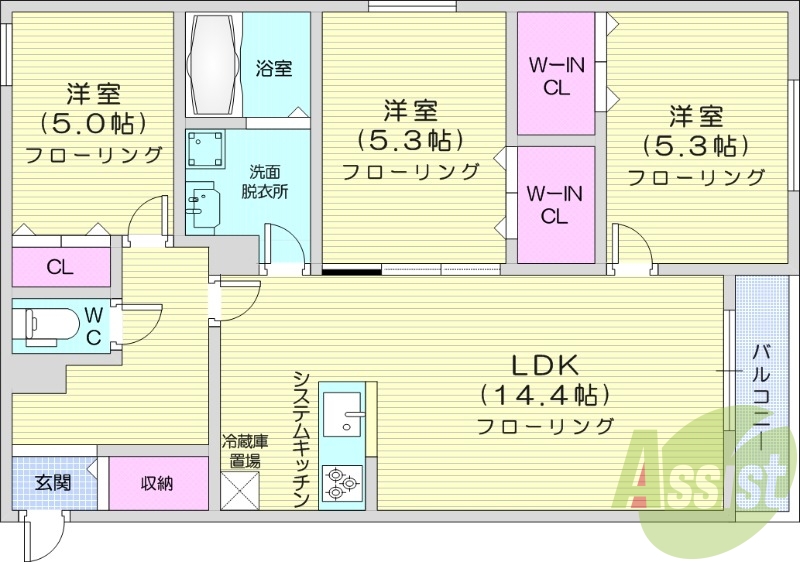 3LDK、エアコン、ネット無料、システムキッチン