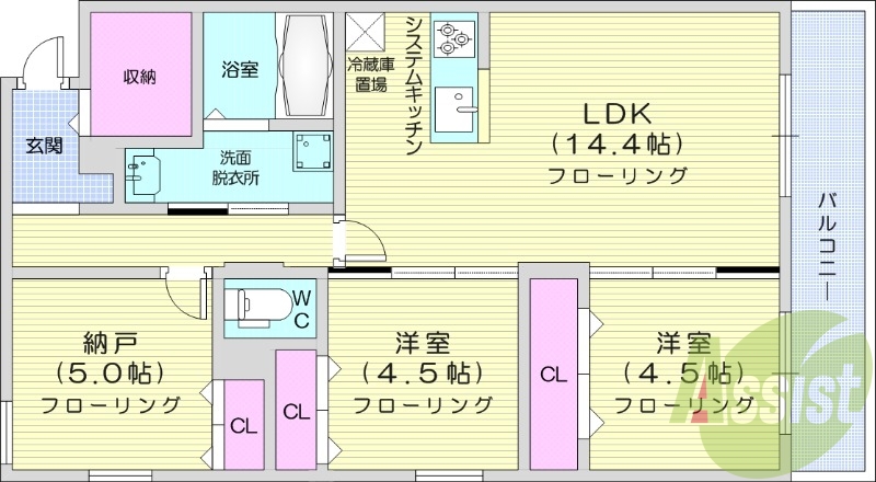 2LDK+S、エアコン、ネット無料、システムキッチン