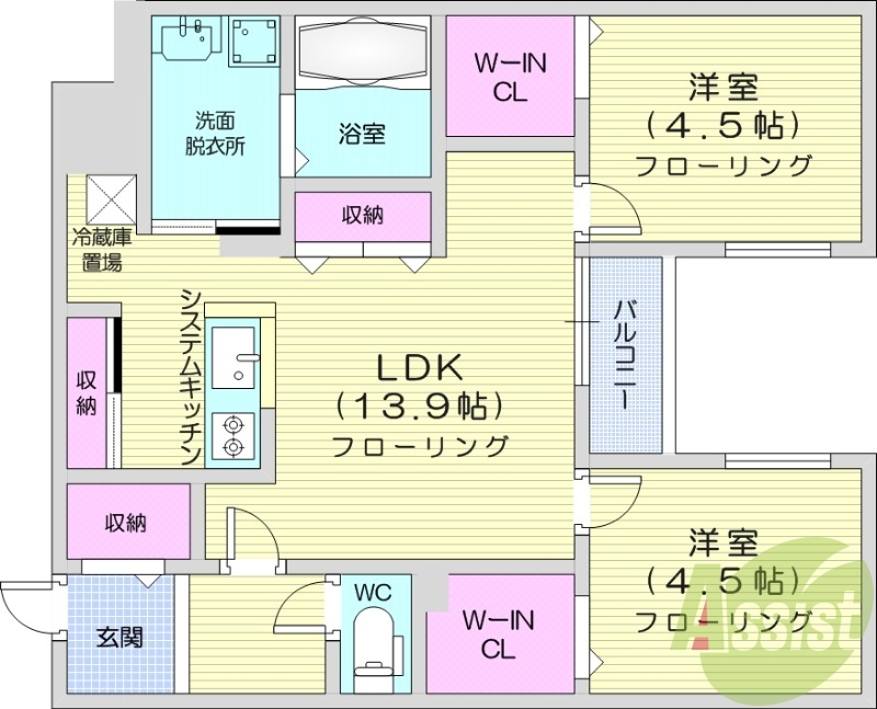 2LDK、エアコン、ネット無料、システムキッチン