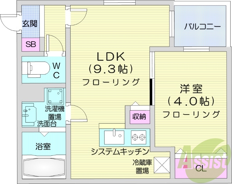 1LDK、クローゼット、ガスシステムキッチン、収納スペース
