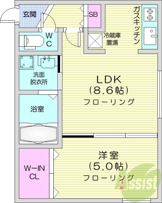 1LDK、都市ガス、エアコン、システムキッチン
