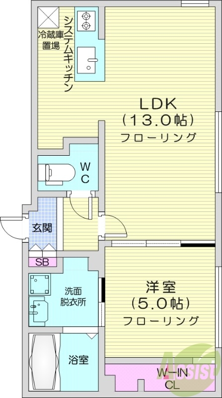 1LDK、エアコン、都市ガス、システムキッチン