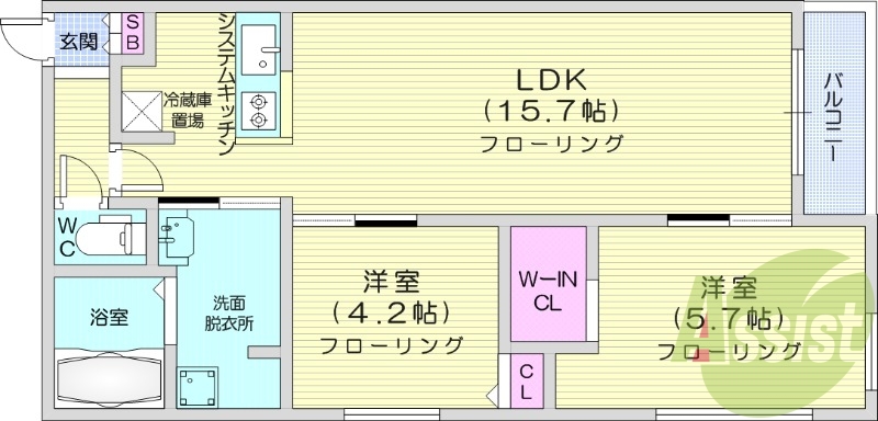 2LDK、エアコン、都市ガス、システムキッチン