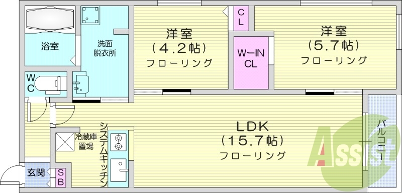 2LDK、エアコン、都市ガス、システムキッチン