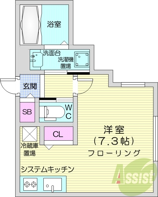 1K、角部屋、システムキッチン、浴室乾燥機、ネット無料