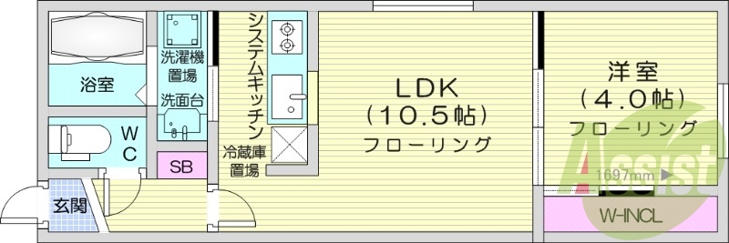 1LDK、対面式キッチン、都市ガス、ネット無料