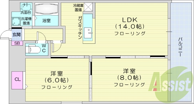 2LDK、オートロック、バストイレ別、ペット可