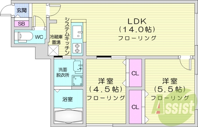 2LDK、システムキッチン、エアコン、追い焚き、ネット無料