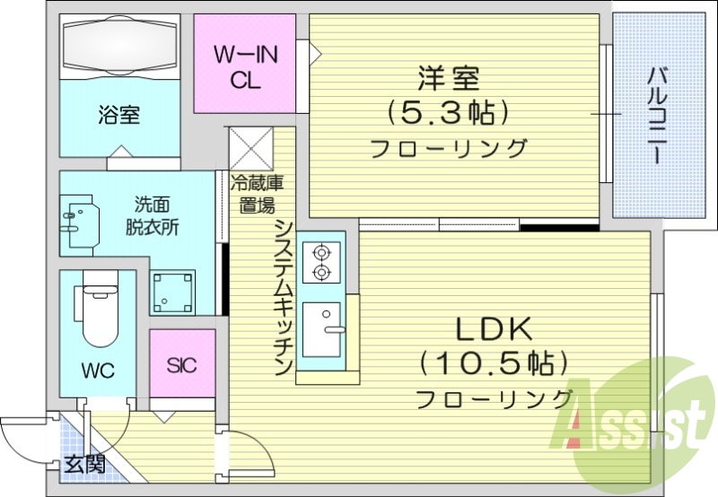 1LDK、都市ガス、エアコン、システムキッチン、