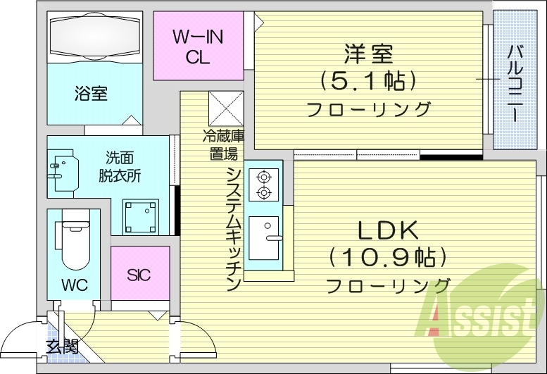 1LDK、都市ガス、エアコン、システムキッチン、