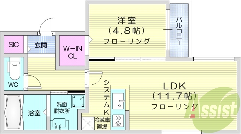 1LDK、都市ガス、エアコン、システムキッチン、