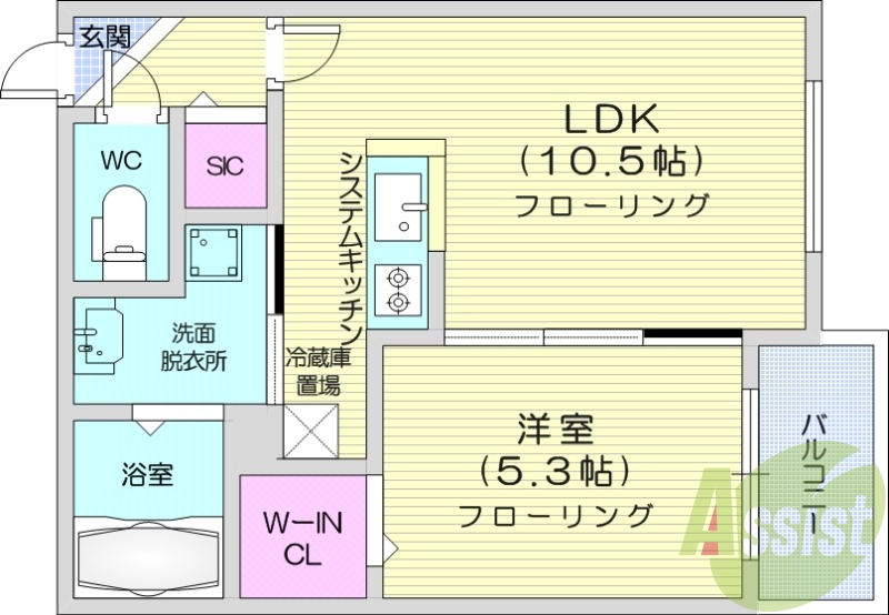 1LDK、都市ガス、エアコン、システムキッチン、