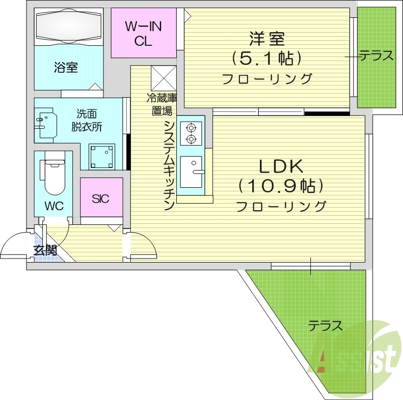 1LDK、都市ガス、エアコン、システムキッチン、