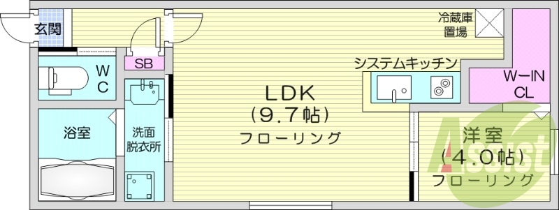 1LDK、都市ガス、システムキッチン、
