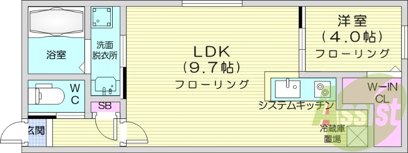 1LDK、都市ガス、システムキッチン、