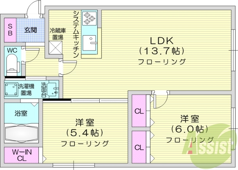 2LDK、ウォークインクローゼット、オートロック