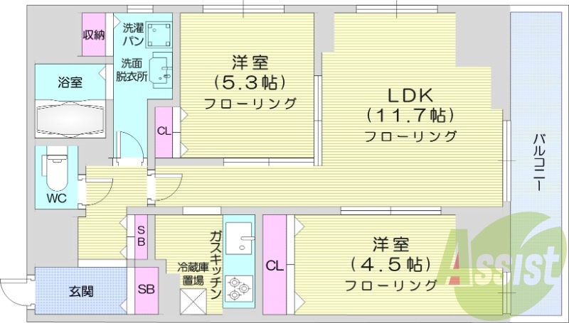2LDK、都市ガス、オートロック、追い炊き、独立洗面所