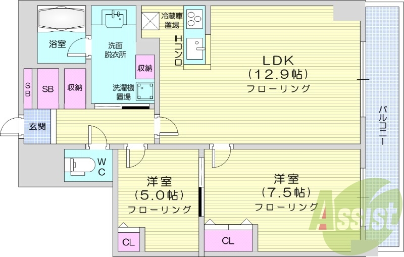 2LDK、オートロック、オール電化、バストイレ別