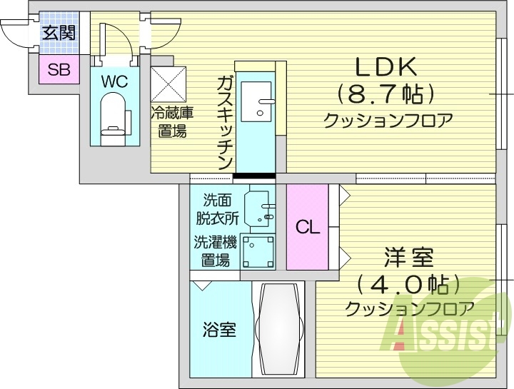1LDK、都市ガス物件、対面キッチン、エアコン、ネット無料