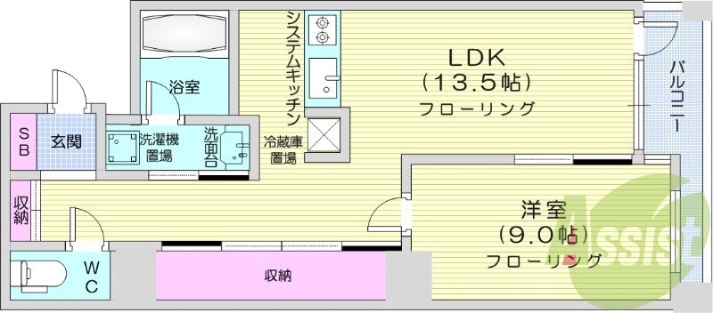 1LDK、エアコン、浴室乾燥機、オートロック、対面キッチン