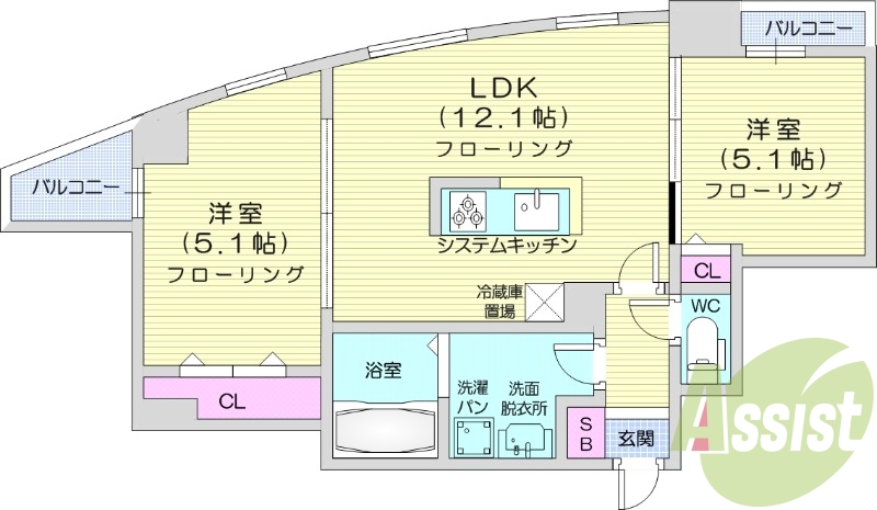 2LDK、エアコン、都市ガス、バルコニー、角部屋