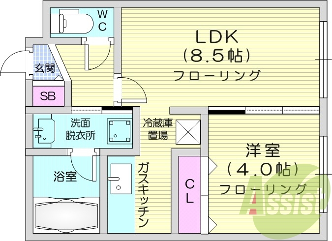 1LDK、エアコン、ガス暖房、ネット無料