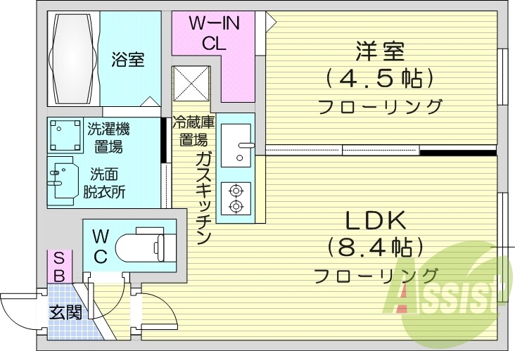 1LDK、都市ガス、エアコン、宅配ボックス