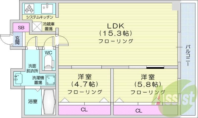 2LDK、洗髪洗面化粧台、エアコン、室内洗濯機置場